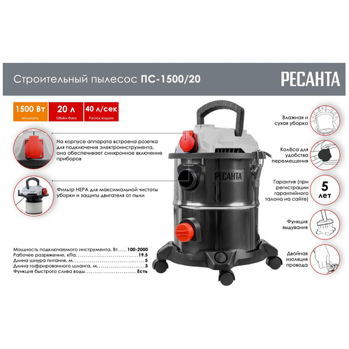 Пылесос строительный Ресанта ПС-1500/20