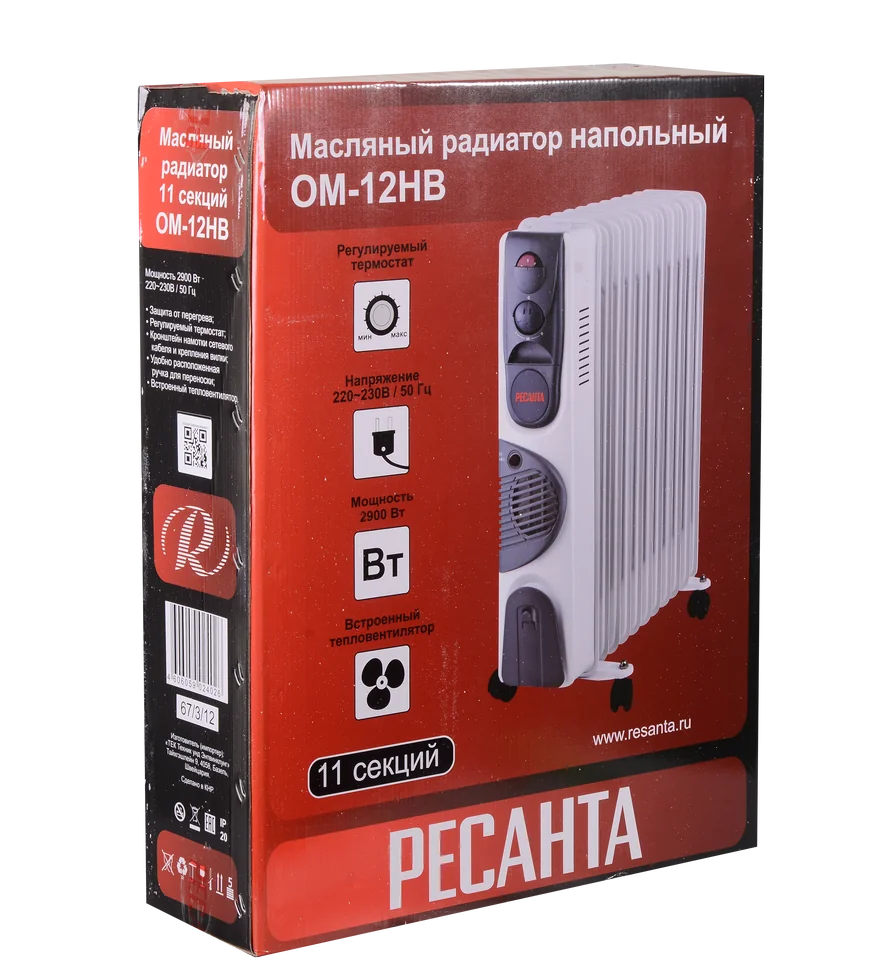 Масляный радиатор Ресанта ОМ-12НВ с тепловентилятором